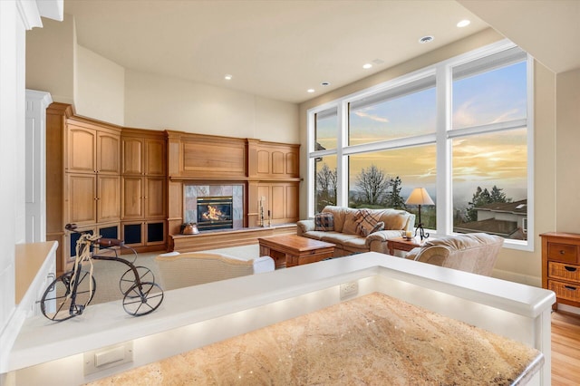 11719 SE Solomon Ct, Happy Valley, OR 97086 - living area featuring a premium fireplace, light wood-style flooring, and recessed lighting