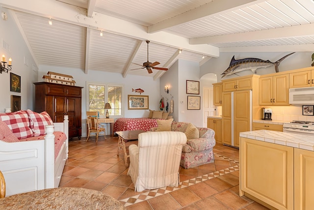4451 Via Alegre, Santa Barbara, CA 93110 - living area with ceiling fan and wood ceiling
