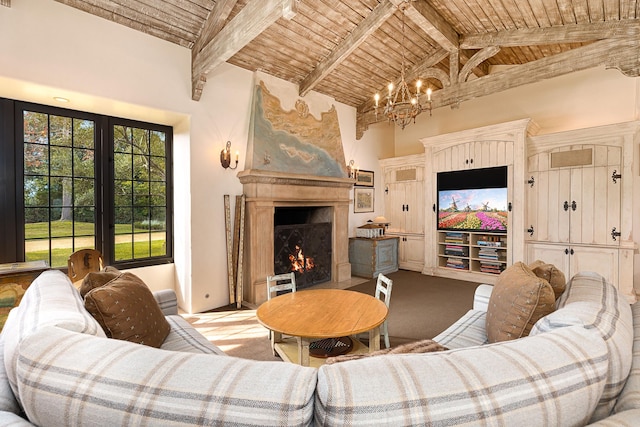 4451 Via Alegre, Santa Barbara, CA 93110 - living room featuring a wood ceiling with exposed beams, a large fireplace, a chandelier, carpet floors, and high vaulted ceiling