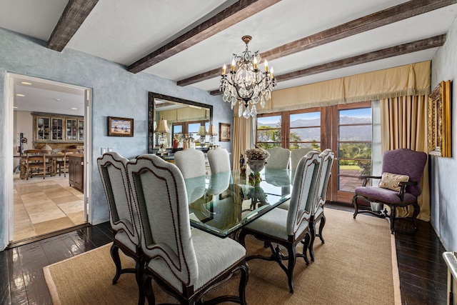 4451 Via Alegre, Santa Barbara, CA 93110 - dining room with a chandelier, hardwood / wood-style flooring, and beam ceiling