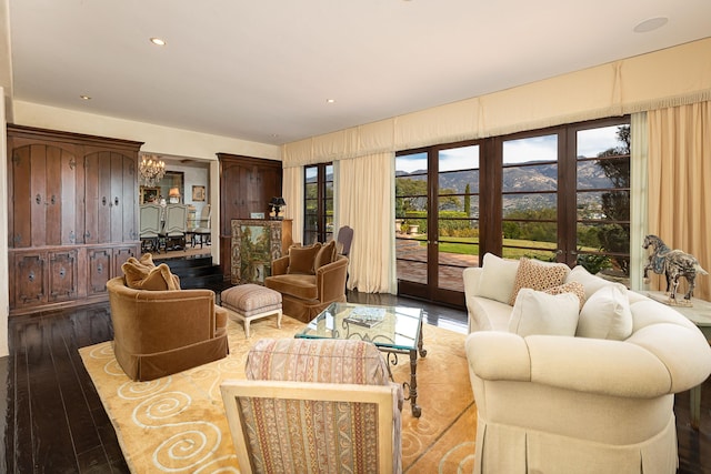 4451 Via Alegre, Santa Barbara, CA 93110 - living room with french doors, a chandelier, wood finished floors, and recessed lighting