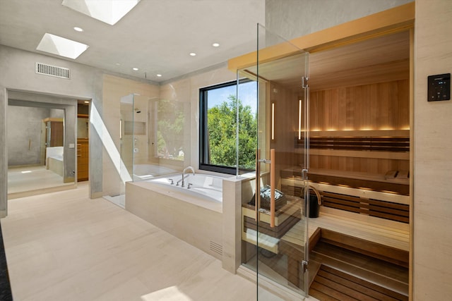 892 Toro Canyon Rd, Montecito, CA 93108 - full bath with a skylight, a bath, a relaxing sauna, a stall shower, and recessed lighting