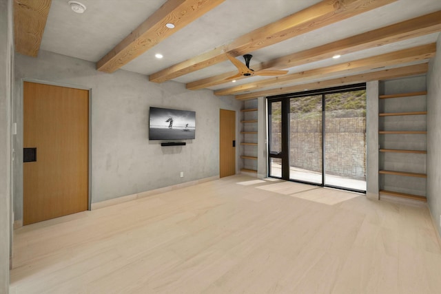 892 Toro Canyon Rd, Montecito, CA 93108 - unfurnished living room with wood finished floors, beamed ceiling, a ceiling fan, and recessed lighting