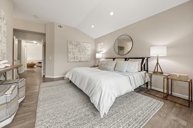 7134 Phelps Rd, Goleta, CA 93117 - bedroom featuring wood finished floors, baseboards, vaulted ceiling, and recessed lighting