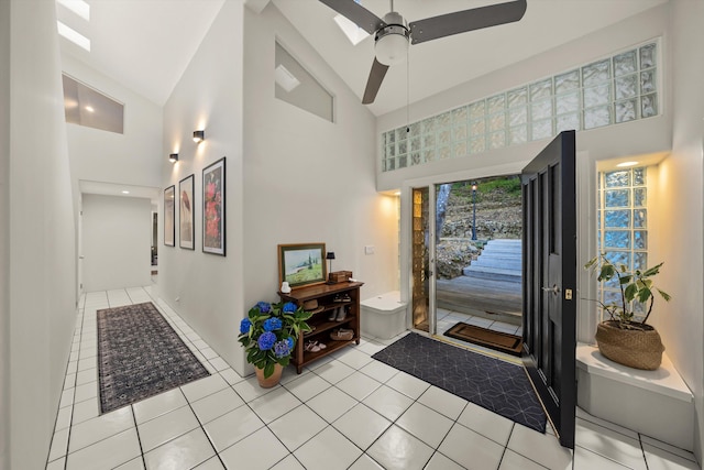 5150 E Camino Cielo, Santa Barbara, CA 93105 - entrance foyer with high vaulted ceiling, tile patterned flooring, and ceiling fan