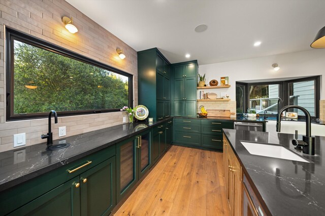 5150 E Camino Cielo, Santa Barbara, CA 93105 - kitchen featuring green cabinetry, a sink, decorative backsplash, healthy amount of natural light, and recessed lighting