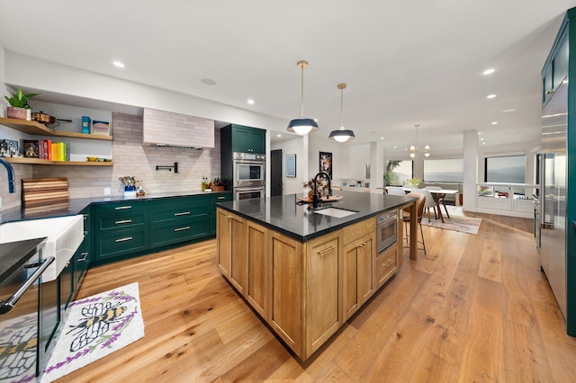 5150 E Camino Cielo, Santa Barbara, CA 93105 - kitchen with a sink, dark countertops, stainless steel double oven, tasteful backsplash, and recessed lighting