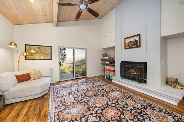 5150 E Camino Cielo, Santa Barbara, CA 93105 - living room featuring ceiling fan, wood finished floors, a lit fireplace, wooden ceiling, and high vaulted ceiling