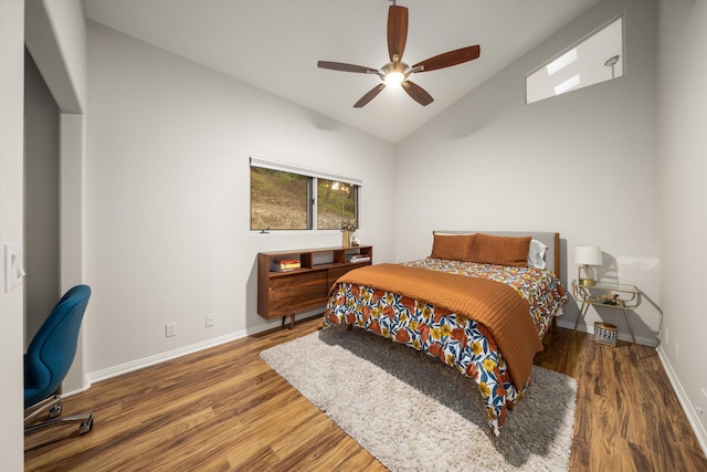 5150 E Camino Cielo, Santa Barbara, CA 93105 - bedroom featuring lofted ceiling, wood finished floors, baseboards, and a ceiling fan