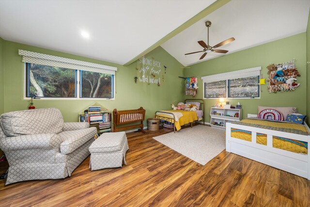 5150 E Camino Cielo, Santa Barbara, CA 93105 - bedroom with wood finished floors, vaulted ceiling, and a ceiling fan