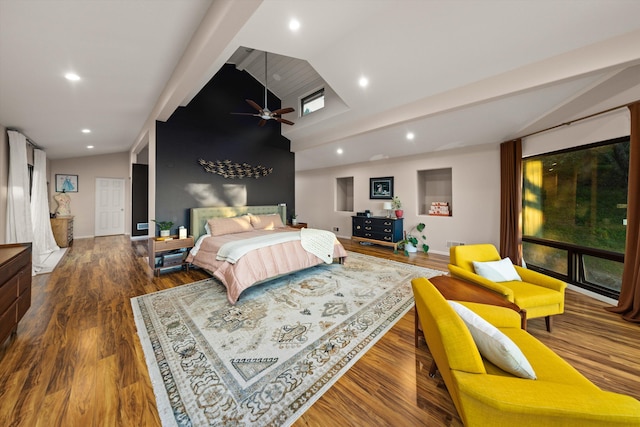 5150 E Camino Cielo, Santa Barbara, CA 93105 - bedroom with wood finished floors, recessed lighting, ceiling fan, and high vaulted ceiling