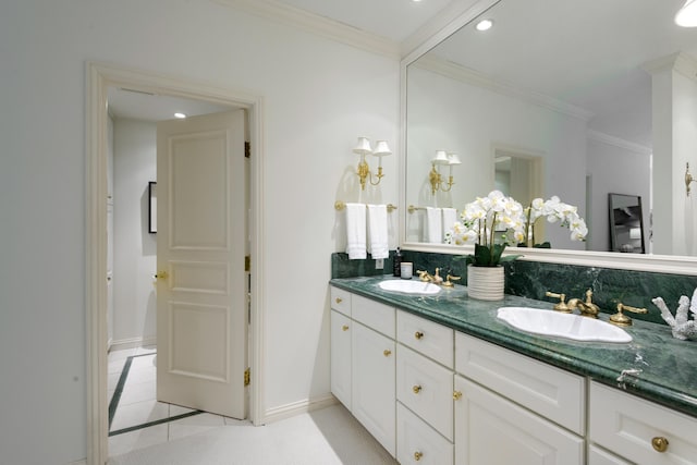 67 Seaview Dr, Montecito, CA 93108 - full bathroom featuring double vanity, tile patterned flooring, baseboards, ornamental molding, and recessed lighting