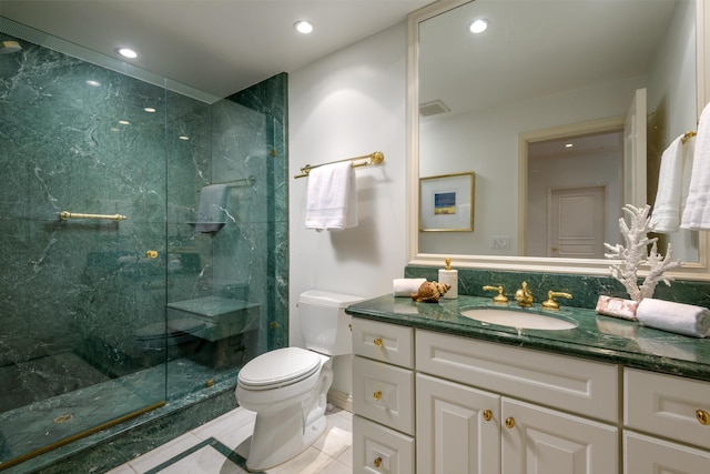 67 Seaview Dr, Montecito, CA 93108 - full bathroom with vanity, a marble finish shower, toilet, recessed lighting, and tile patterned floors