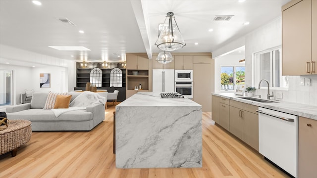 1570 Mountain View Dr, Solvang, CA 93463 - kitchen with white appliances, a sink, modern cabinets, light wood-style floors, and recessed lighting