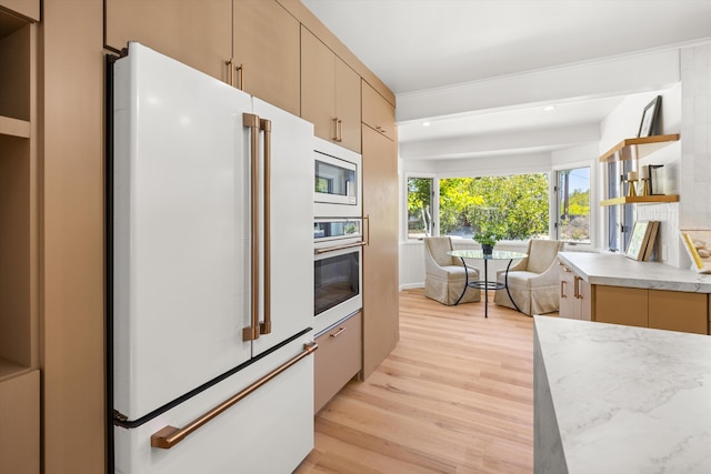 1570 Mountain View Dr, Solvang, CA 93463 - kitchen with freestanding refrigerator, oven, open shelves, light wood-style floors, and recessed lighting