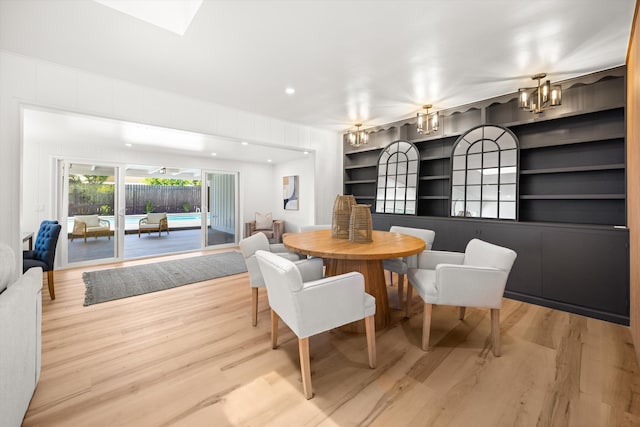 1570 Mountain View Dr, Solvang, CA 93463 - dining area featuring wood finished floors, built in features, a chandelier, and recessed lighting