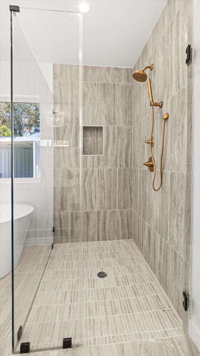 1570 Mountain View Dr, Solvang, CA 93463 - full bath featuring a stall shower, a freestanding bath, and tile patterned flooring