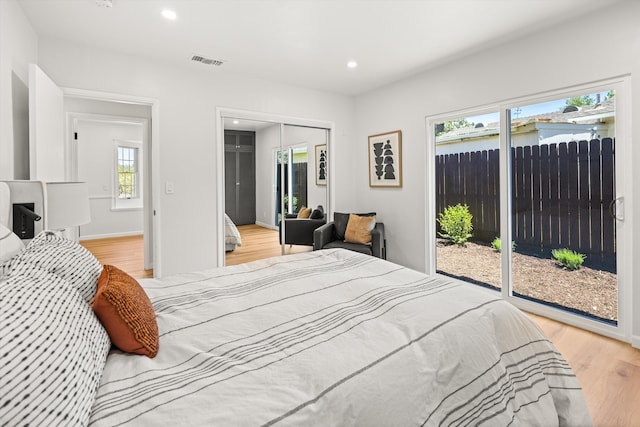 1570 Mountain View Dr, Solvang, CA 93463 - bedroom featuring access to outside, light wood-style flooring, recessed lighting, a closet, and baseboards