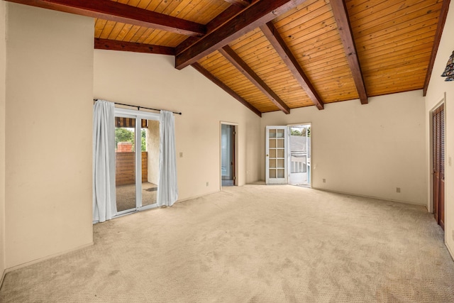 4595 Aragon Dr, Carpinteria, CA 93013 - carpeted empty room with a wood ceiling with exposed beams, plenty of natural light, and high vaulted ceiling