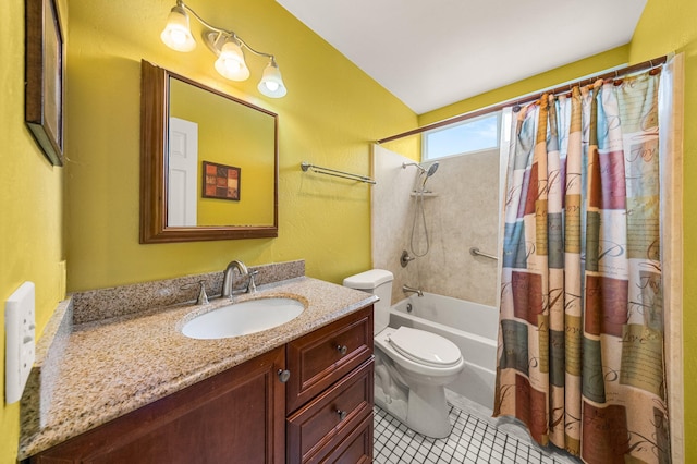 4595 Aragon Dr, Carpinteria, CA 93013 - bathroom featuring shower / bath combo with shower curtain, vanity, and tile patterned floors