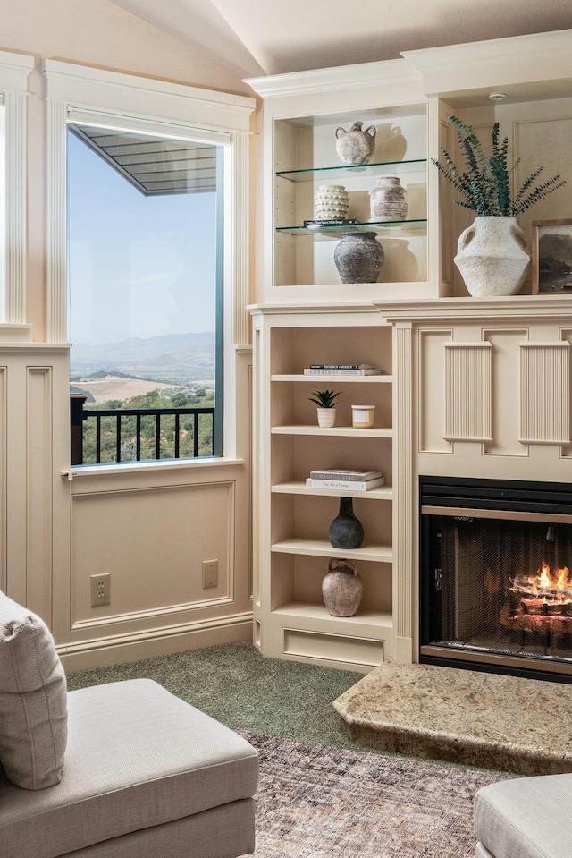 1110 Deer Canyon Rd, Arroyo Grande, CA 93420 - living room with carpet, a warm lit fireplace, and built in shelves