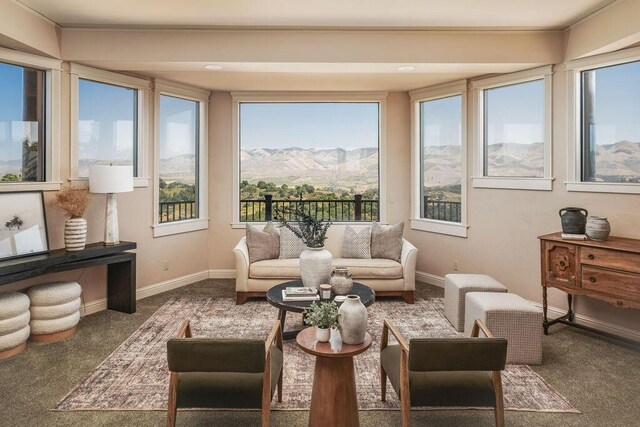 1110 Deer Canyon Rd, Arroyo Grande, CA 93420 - carpeted living room featuring a mountain view and baseboards