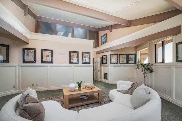 1110 Deer Canyon Rd, Arroyo Grande, CA 93420 - carpeted living room with a decorative wall, beam ceiling, and wainscoting