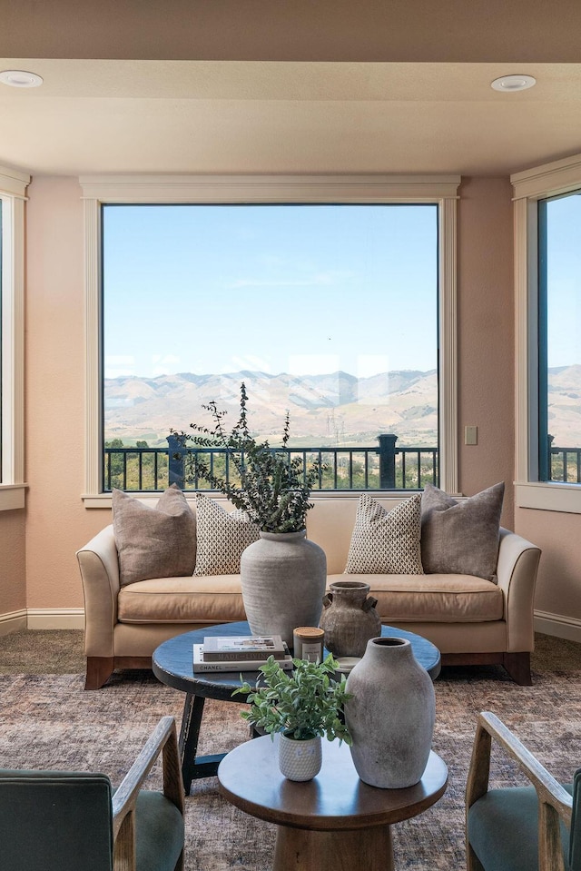 1110 Deer Canyon Rd, Arroyo Grande, CA 93420 - living room with a mountain view, baseboards, carpet flooring, and recessed lighting