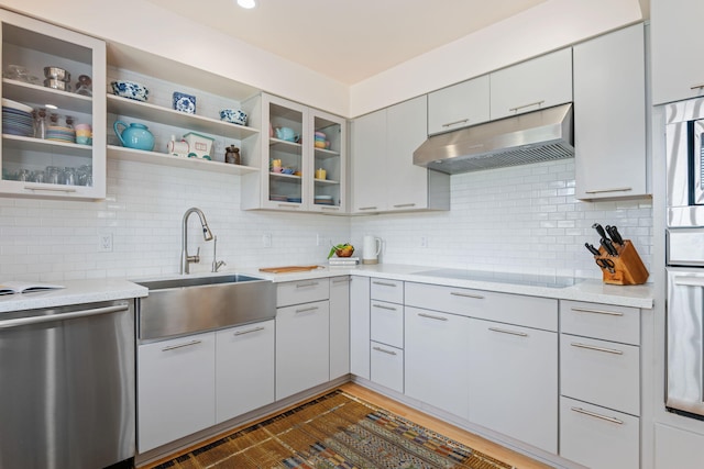 2641 State St Unit 2, Santa Barbara, CA 93105 - kitchen with under cabinet range hood, stainless steel appliances, a sink, and backsplash