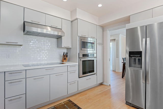 2641 State St Unit 2, Santa Barbara, CA 93105 - kitchen featuring appliances with stainless steel finishes, under cabinet range hood, tasteful backsplash, light wood-style flooring, and gray cabinets