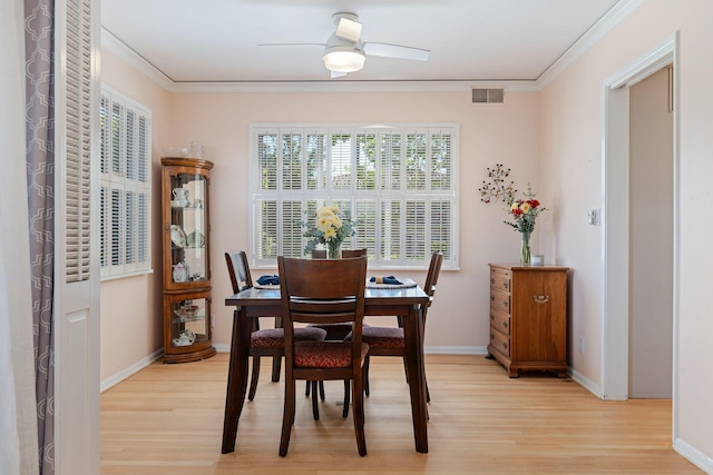 2641 State St Unit 2, Santa Barbara, CA 93105 - dining area featuring light wood-type flooring, ornamental molding, a ceiling fan, and baseboards