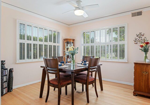 2641 State St Unit 2, Santa Barbara, CA 93105 - dining area featuring light wood-style flooring, ceiling fan, crown molding, and baseboards