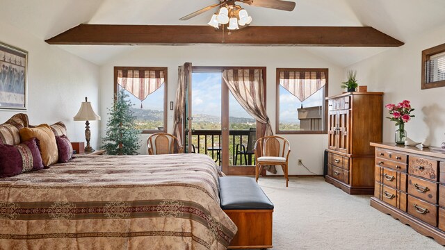 1010 Portesuello Ave, Santa Barbara, CA 93105 - bedroom with access to outside, light colored carpet, multiple windows, and a ceiling fan