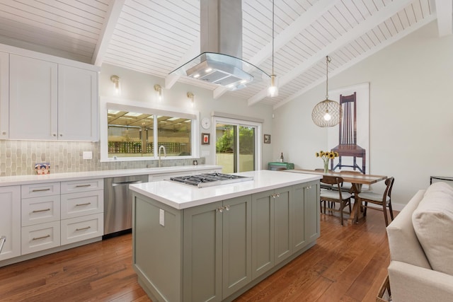 533 N La Cumbre Rd, Santa Barbara, CA 93110 - kitchen with appliances with stainless steel finishes, white cabinets, decorative backsplash, exhaust hood, and light countertops