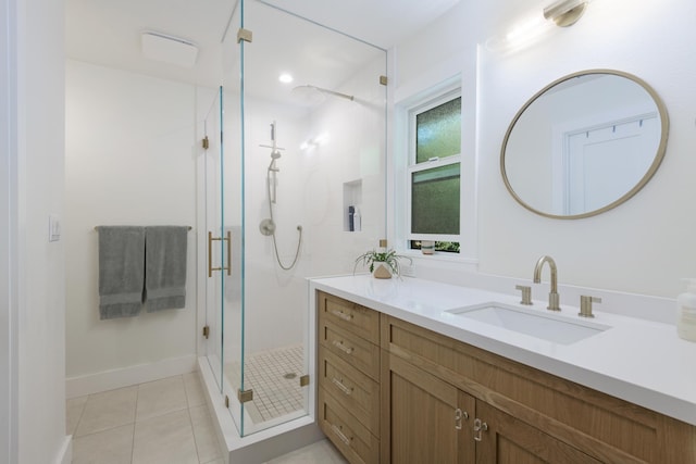 533 N La Cumbre Rd, Santa Barbara, CA 93110 - full bathroom featuring vanity, a shower stall, baseboards, and tile patterned floors