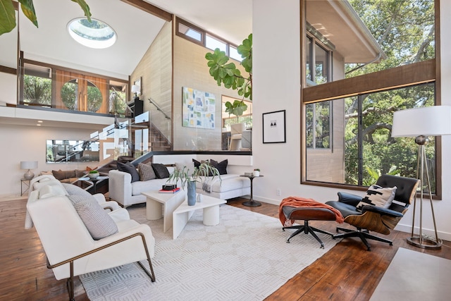2031 Cielito Ln, Santa Barbara, CA 93105 - living area featuring a towering ceiling, hardwood / wood-style floors, and baseboards