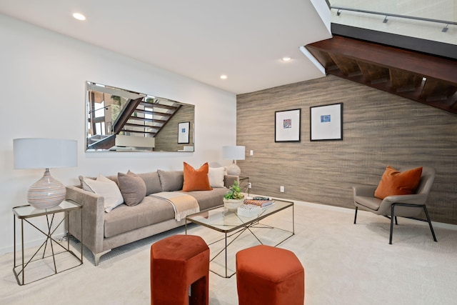 2031 Cielito Ln, Santa Barbara, CA 93105 - carpeted living room featuring an accent wall, recessed lighting, baseboards, and wallpapered walls