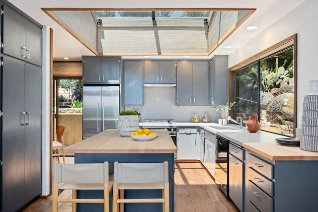 2031 Cielito Ln, Santa Barbara, CA 93105 - kitchen with butcher block counters, built in fridge, dark wood-type flooring, gray cabinetry, and recessed lighting