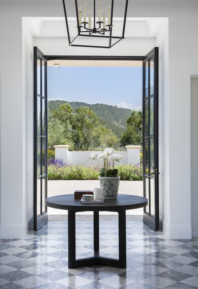 2720 Montecito Ranch Pl, Summerland, CA 93067 - dining area with baseboards, a chandelier, and french doors
