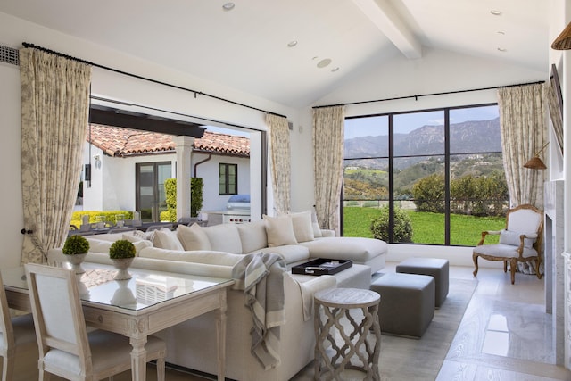 2720 Montecito Ranch Pl, Summerland, CA 93067 - living area with a mountain view, beam ceiling, high vaulted ceiling, and recessed lighting