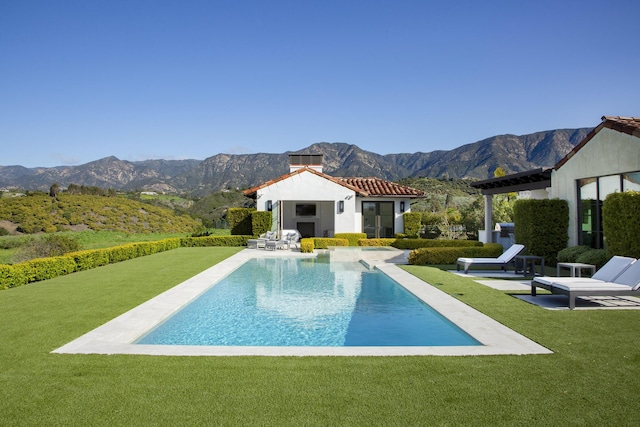 2720 Montecito Ranch Pl, Summerland, CA 93067 - outdoor pool featuring a mountain view, a lawn, a storage structure, and a patio area