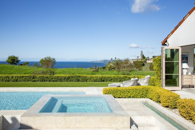 2720 Montecito Ranch Pl, Summerland, CA 93067 - outdoor pool featuring a water view, an in-ground hot tub, and a patio