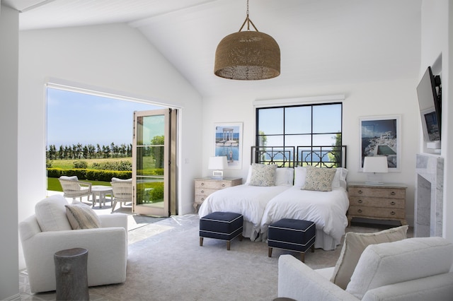 2720 Montecito Ranch Pl, Summerland, CA 93067 - carpeted bedroom featuring access to outside and lofted ceiling