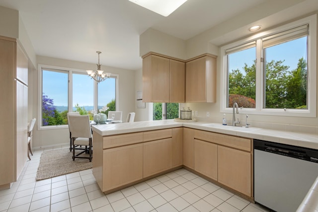 4477 S Shadow Hills Blvd Unit E, Santa Barbara, CA 93105 - kitchen with stainless steel dishwasher, light brown cabinetry, a sink, and tile countertops