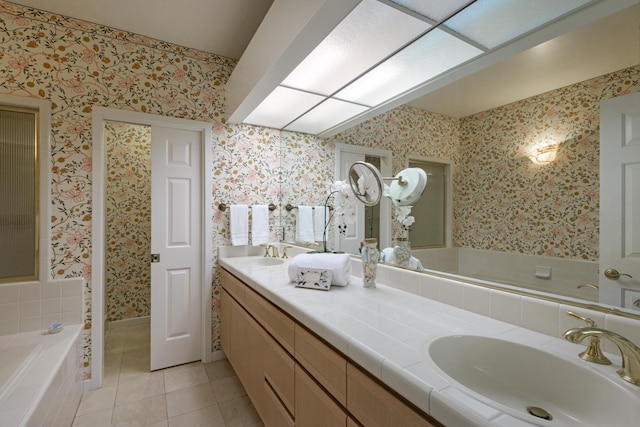 4477 S Shadow Hills Blvd Unit E, Santa Barbara, CA 93105 - full bathroom with tile patterned floors, double vanity, wallpapered walls, and a bath