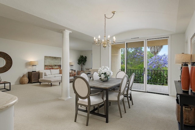 4477 S Shadow Hills Blvd Unit E, Santa Barbara, CA 93105 - dining space with carpet, decorative columns, and a chandelier