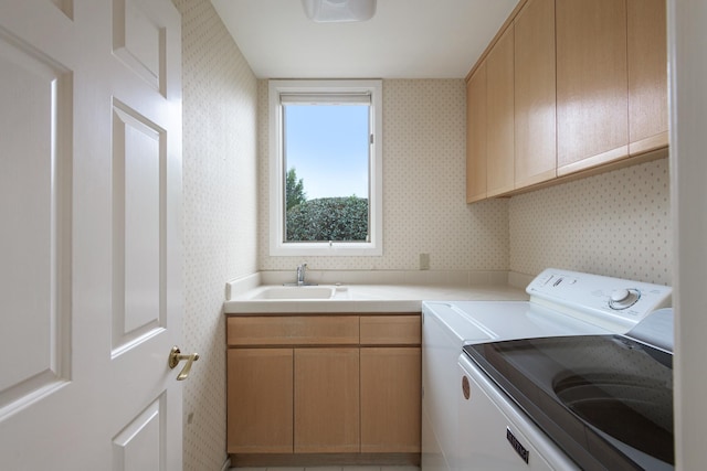 4477 S Shadow Hills Blvd Unit E, Santa Barbara, CA 93105 - washroom with wallpapered walls, washing machine and dryer, and cabinet space