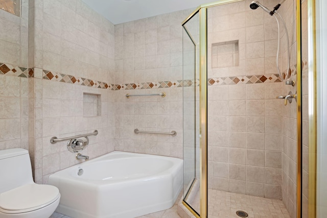 7659 Dartmoor Ave, Goleta, CA 93117 - full bathroom with a shower stall, a bath, and tile walls