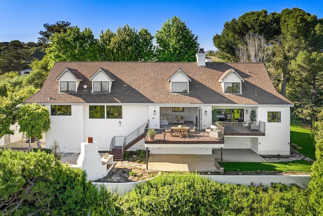 1157 Glenview Rd, Montecito, CA 93108 - back of house with a wooden deck, stucco siding, roof with shingles, and a patio