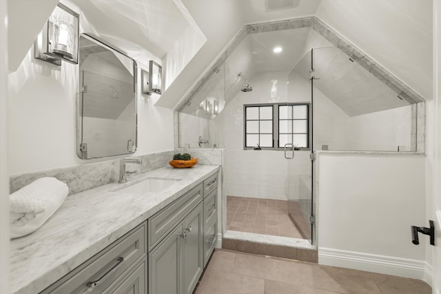 1157 Glenview Rd, Montecito, CA 93108 - bathroom featuring vanity, a shower stall, tile patterned flooring, and lofted ceiling